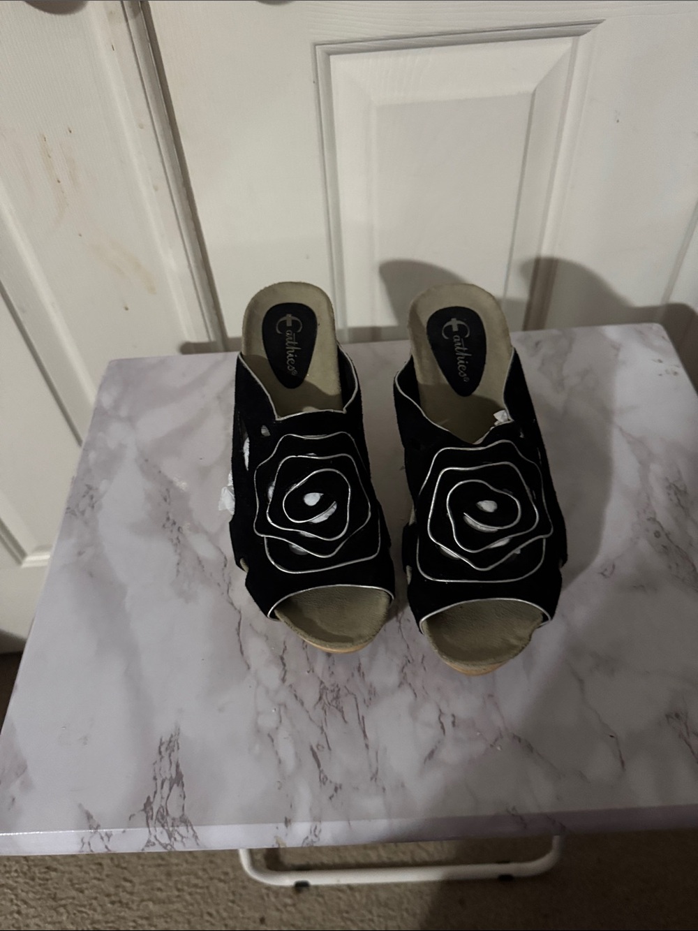Candie's Black Open-Toe Floral Mule Wedges